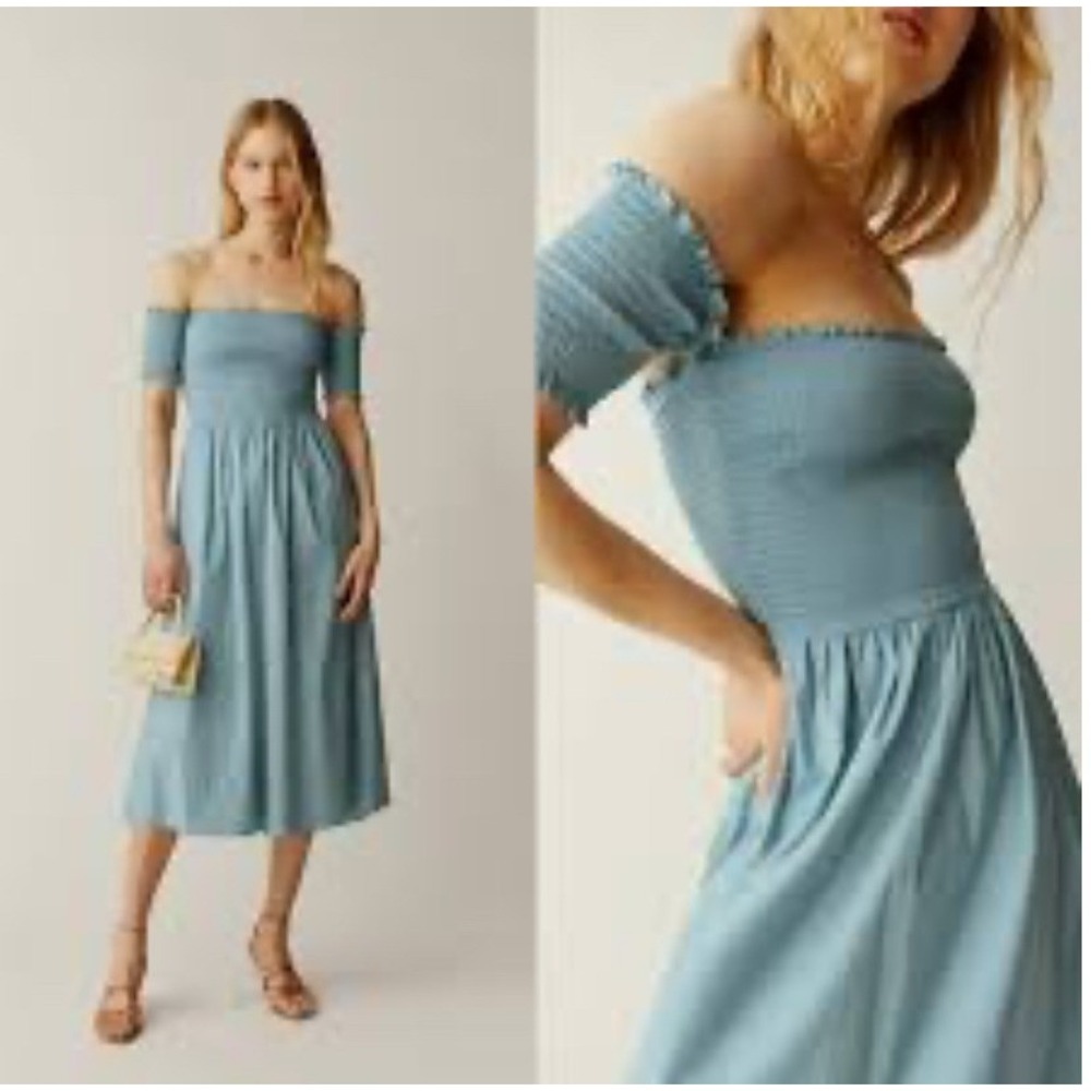 Reformation Westley‎ Dress Size Large Smocked Off Shoulder Midi Cotton Blend